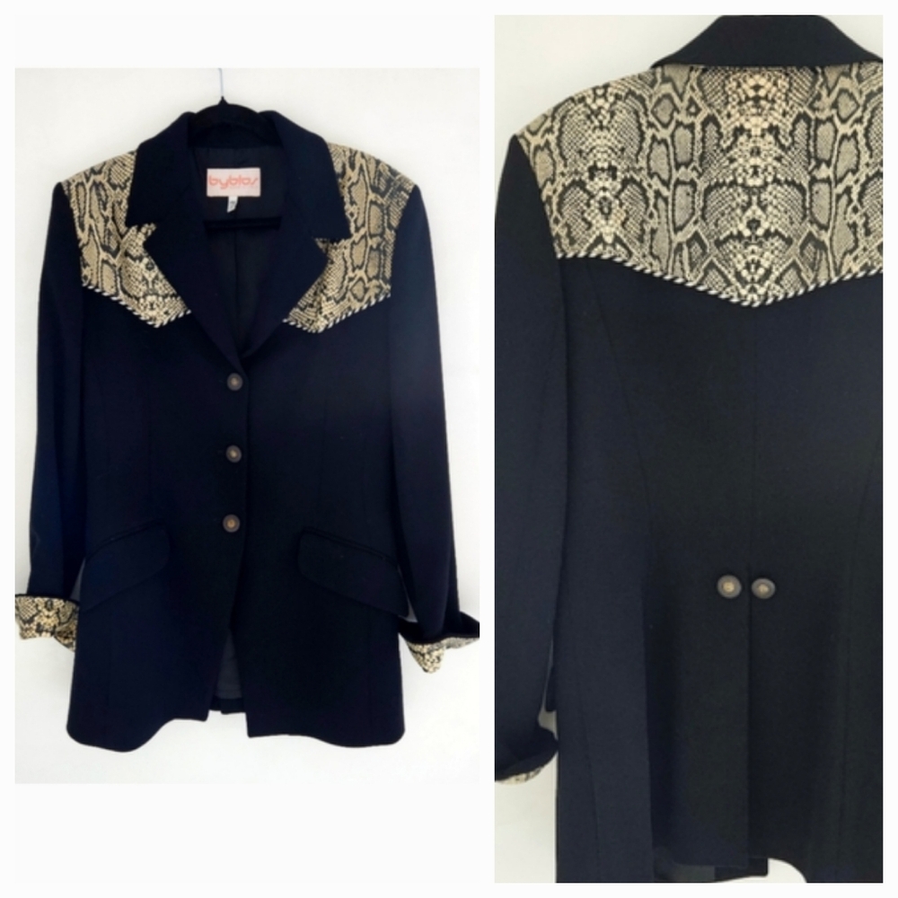 Byblos Italy 1970's Black Wool Animal Trim Gold Military Button Long Blazer